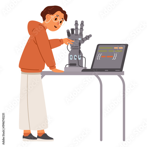 Schoolgirl programming robotic arm flat vector illustration isolated on white.