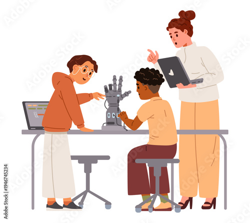 Pair of schoolkids with a teacher during robotics class working together on a project for robotic arm programming flat vector illustration isolated on white.
