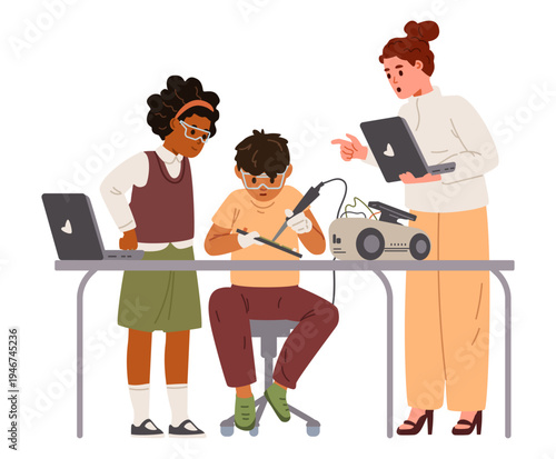 Pair of schoolkids with a teacher during robotics class working together on a project flat vector illustration isolated on white.