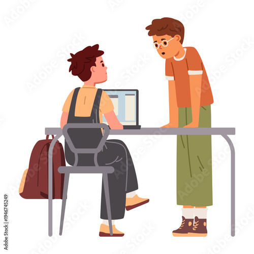 Two boys working together on educational project sitting at desk with laptop flat vector illustration. Students chatting.