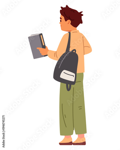 Schoolboy with a backpack standing back holding a book flat vector illustration isolated on white.
