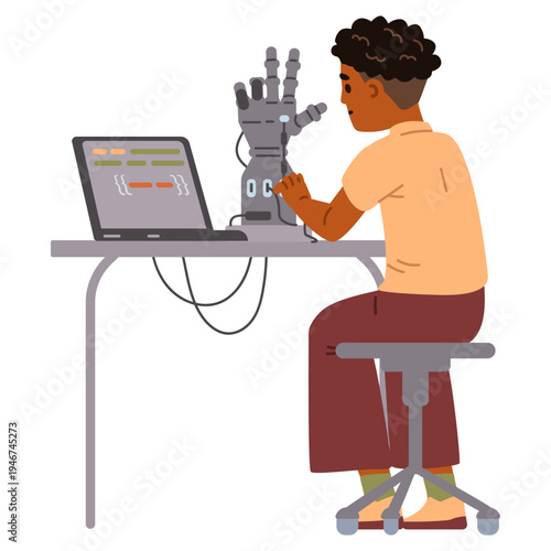 African American schoolboy programming robotic arm sitting back at table with laptop flat vector illustration isolated on white.
