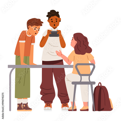 Diverse group of schoolkids working together on educational project flat vector illustration. Students chatting.