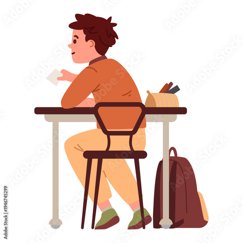 Schoolboy sitting back at school desk holding paper note flat vector illustration isolated on white.