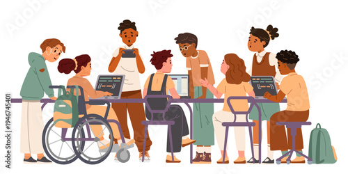 Diverse multiracial group of students working together on educational project at desk with laptops flat vector illustration isolated on white.