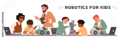 Robotics for kids vector banner with diverse children studying engineering, programming with a teacher.