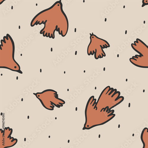 Minimal flying birds seamless pattern with doodle birds on warm beige background