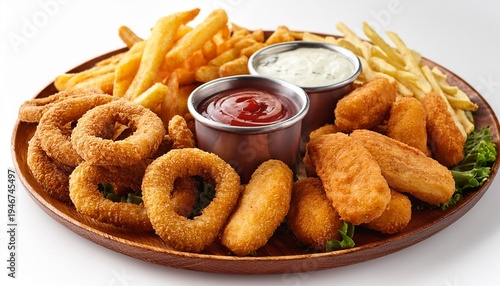 delicious platter of fried snacks with dipping sauces and fries or white background