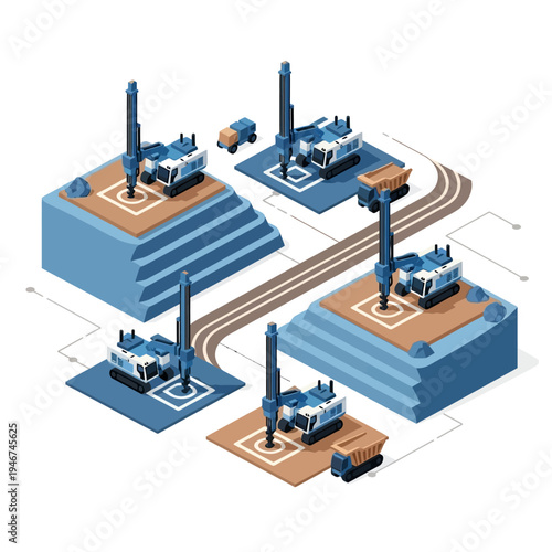 Isometric illustration of a modern mining operation with multiple drilling rigs and dump trucks working in a coordinated network.