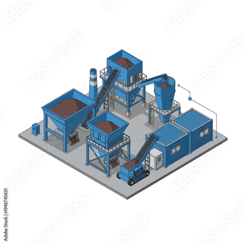 Isometric illustration of an industrial processing plant with multiple conveyor belts, hoppers, and processing units.