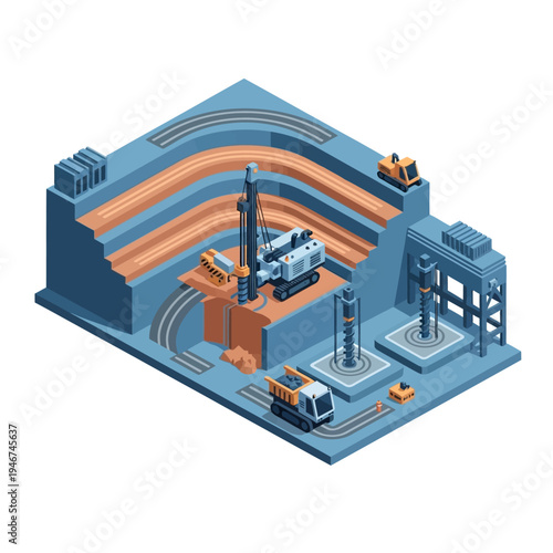 Isometric illustration of an open-pit mine with heavy machinery, drilling equipment, and transport vehicles, showcasing mining operations.