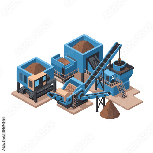 Isometric illustration of an industrial crushing and processing plant with conveyor belts and hoppers.