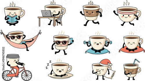 Cute Coffee Cup Character Activities Collection with Funny Cartoon Mug Mascots Drinking, Working, Relaxing, Exercising, Sleeping and Daily Lifestyle Vector Illustration Set
