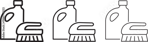 Cleaning supply icons showing bottle and scrub brush, in outline and solid black styles for home cleaning,
