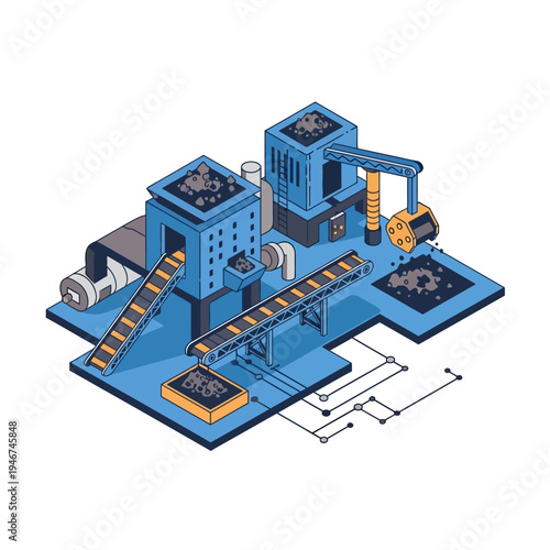 Isometric illustration of an automated industrial facility with conveyor belts and robotic arms processing raw materials.