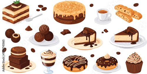 Chocolate Dessert Collection with Cake, Donut, Cupcake, Truffles, Coffee and Sweet Pastry Treats Isolated on White Background Vector Illustration Set