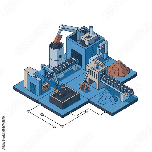 Isometric illustration of an automated industrial factory with robotic arms and conveyor belts processing raw materials into finished products.