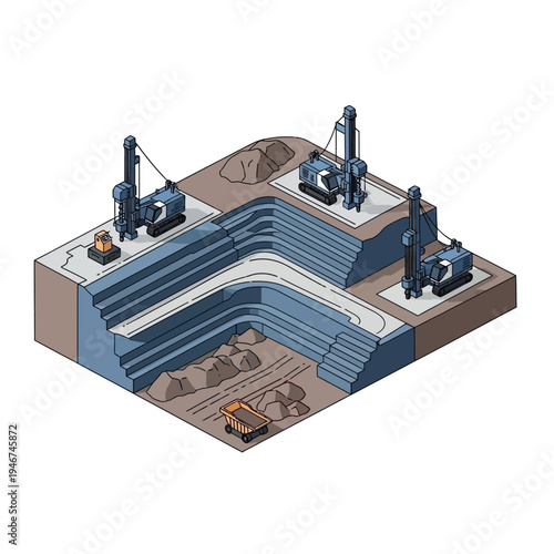 Isometric illustration of an open-pit mine with drilling equipment and a dump truck, showcasing excavation and resource extraction processes.