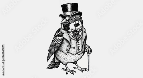 Elegant Sparrow Dressed in Formal Victorian Attire.
