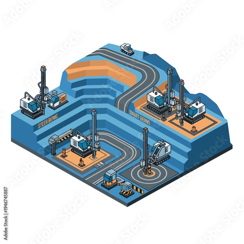 Isometric illustration of an open-pit mine with heavy machinery, drilling equipment, and haul trucks operating on different levels.
