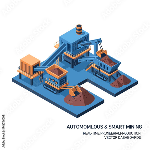 Isometric illustration of an autonomous and smart mining operation with conveyor belts, excavators, and processing machinery, representing real-time pioneer production.