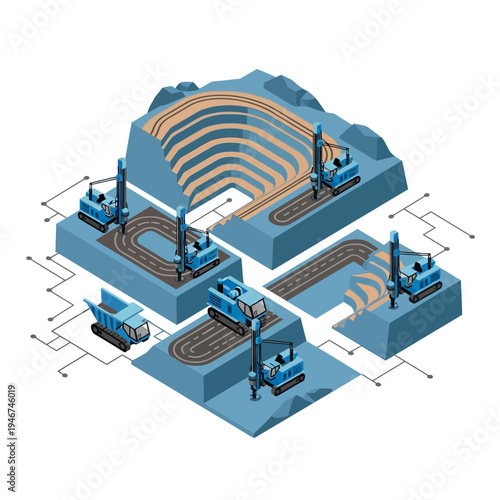 Isometric illustration of an advanced, automated open-pit mining operation with heavy machinery and digital network connections.