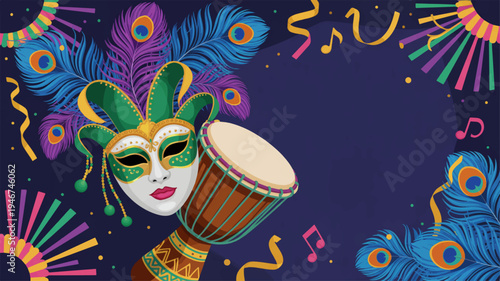 Vibrant carnival festival banner featuring a colorful mask and drum peacock feathers music notes on dark background