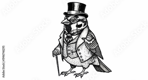 Vintage Gentleman Sparrow Illustration with Top Hat and Cane.