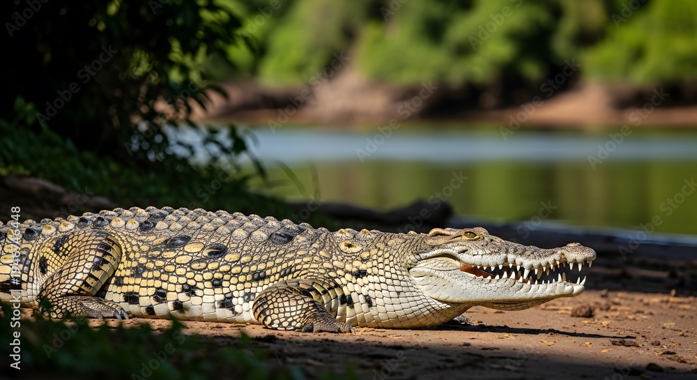 Obraz premium Crocodile basking on riverbank with open mouth