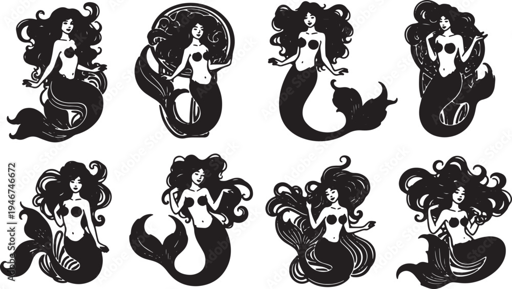 Naklejka premium Black Solid Art Nouveau Mermaid Shapes