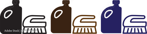 Cleaning supply icons showing bottle and scrub brush, in outline and solid black styles for home cleaning,
