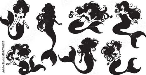 Black Solid Art Nouveau Mermaid Shapes