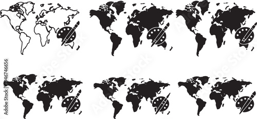 Solid Black Art Paint Brush World Map Shapes