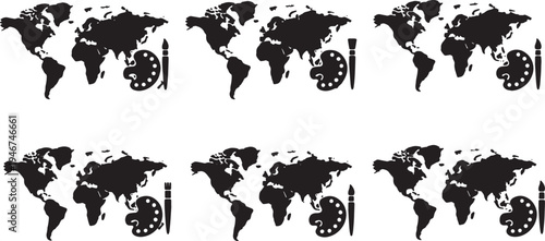 Solid Black Art Paint Brush World Map Shapes