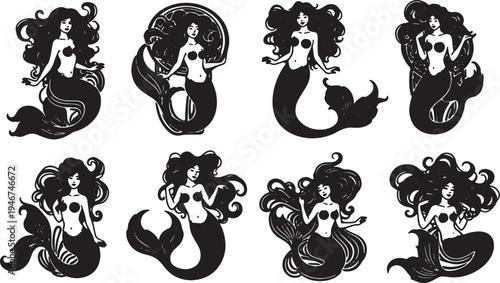 Black Solid Art Nouveau Mermaid Shapes