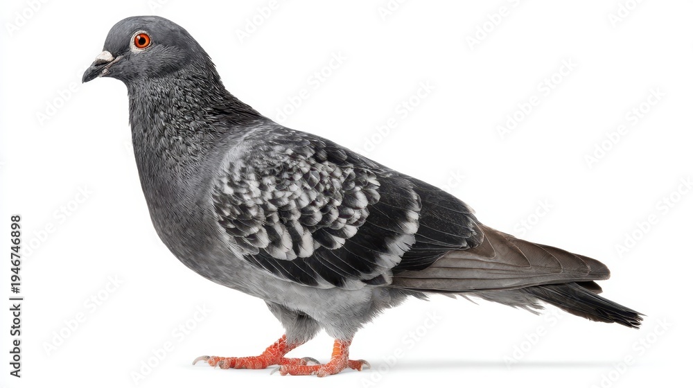 Fototapeta premium The pigeon standing in profile on white background with sharp feather detail