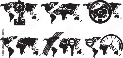Solid Black Automotive Car Travel World Map Shapes