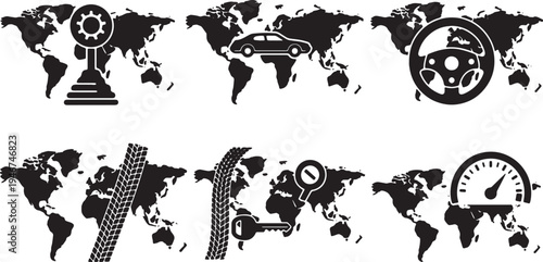 Solid Black Automotive Car Travel World Map Shapes