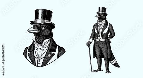 Anthropomorphic Crow Dressed in Victorian Formal Wear.