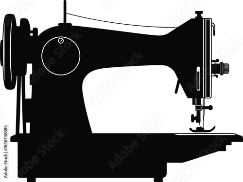 Vintage sewing machine black silhouette vector icon of antique tailor equipment for dressmaking needlework fashion design handicraft and professional garment stitching