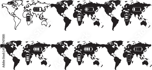 Black Solid Battery Charge Power World Map Shapes