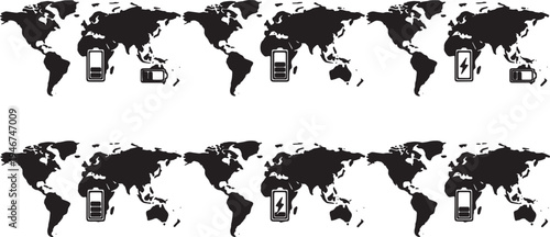 Black Solid Battery Charge Power World Map Shapes