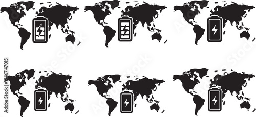 Black Solid Battery Charge Power World Map Shapes