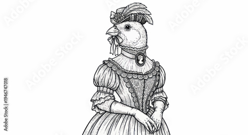 Victorian Era Chicken Woman Portrait Sketch.