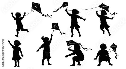 Children Silhouettes Flying Kites Outdoors, Joyful Summer Activity, Diverse Poses