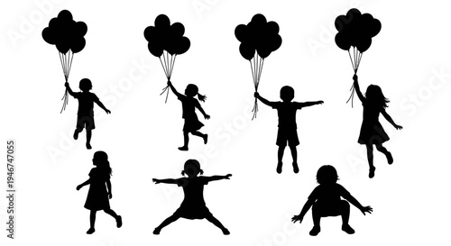 Children Silhouettes Holding Balloons, Playing Outdoors, Joyful Childhood Moments