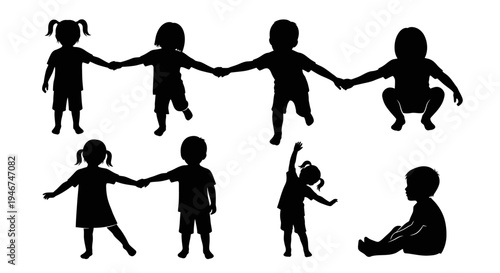 Children Silhouettes Holding Hands, Playing, Dancing, Sitting