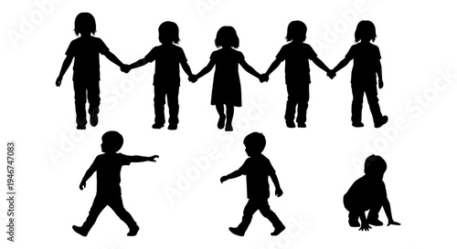 Children Silhouettes Holding Hands, Playing Together, Diverse Activities