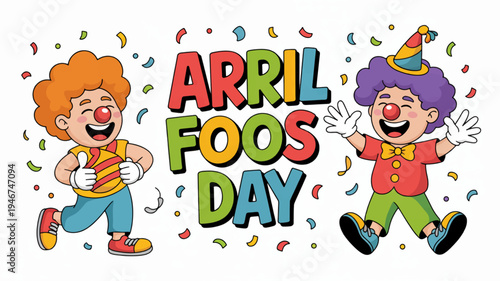 Playful april fools' day cartoon clowns in colorful confetti happy and cheerful illustration