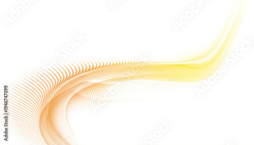 オレンジとイエローの粒子ドットが流れる抽象ウェーブ背景、データの流れとエネルギーを表現したダイナミックなデジタルテクノロジーデザイン